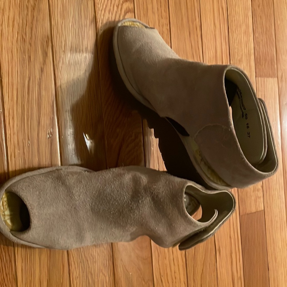 Fly London grey suede wedge sling back sandal with a peep toe